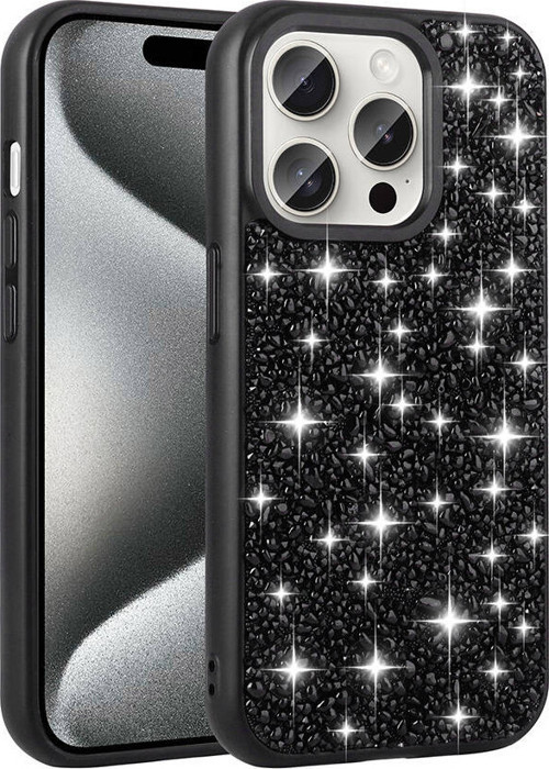 iPhone 15 Pro Kılıf Parlak Taşlı Tasarım MKST Linea Kapak - Siyah