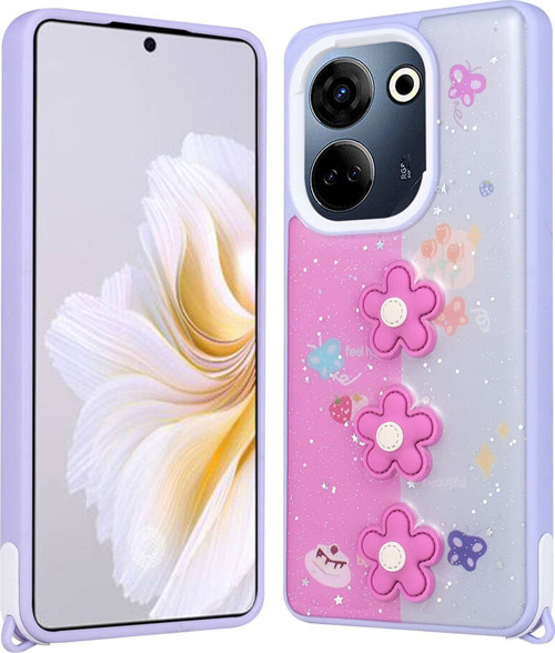 Tecno Camon 20 Pro 4G Kılıf Parlayan Simli Kabartma Figürlü MKST Cevze Kapak - Mor Papatya