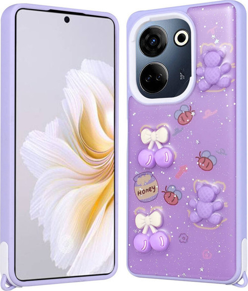 Tecno Camon 20 Pro 4G Kılıf Parlayan Simli Kabartma Figürlü MKST Cevze Kapak - Mor Ayı