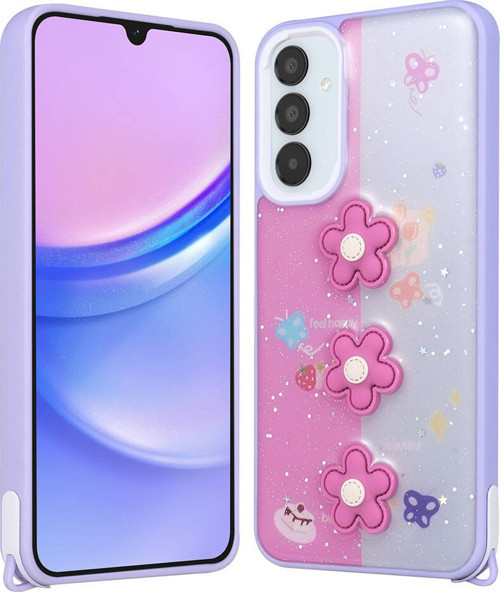 Galaxy A34 Kılıf Parlayan Simli Kabartma Figürlü MKST Cevze Kapak - Mor Papatya