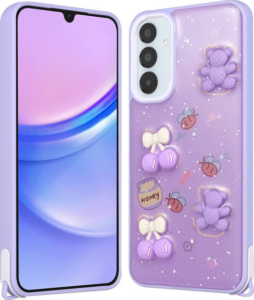 Galaxy A34 Kılıf Parlayan Simli Kabartma Figürlü MKST Cevze Kapak - Mor Ayı