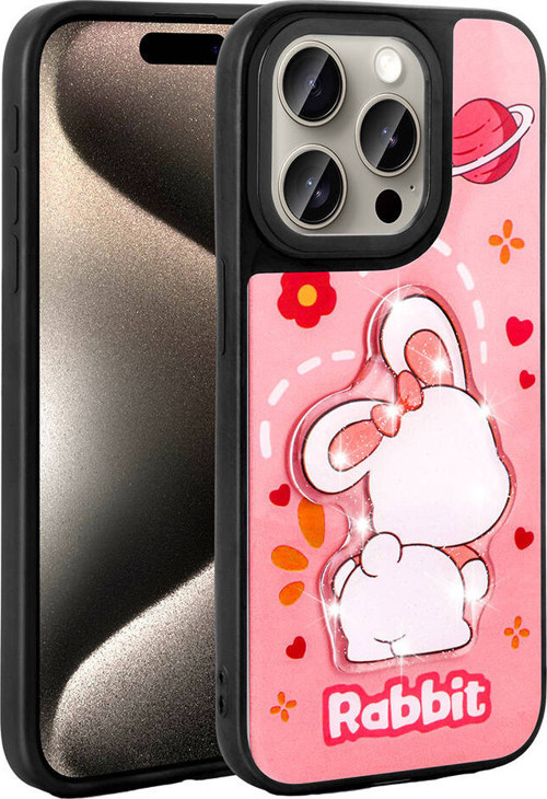iPhone 15 Pro Max Kılıf Parlayan Kabartmalı İkonik Figürlü MKST Amas Silikon Kapak - Pembe