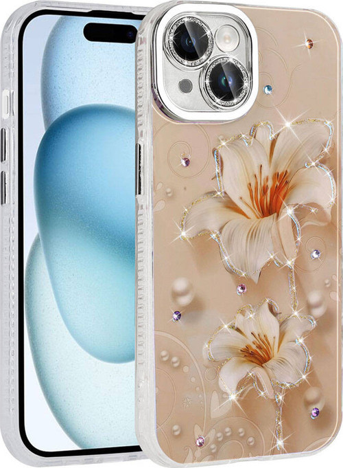 iPhone 15 Kılıf Çiçek Desenli Parlak Taşlı Sert Silikon MKST Garden Kapak - Pembe Açık
