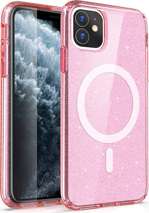 iPhone 11 Kılıf Magsafe Şarj Özellikli Parlayan Simli Saydam Renkli MKST Allstar Kapak - Pembe