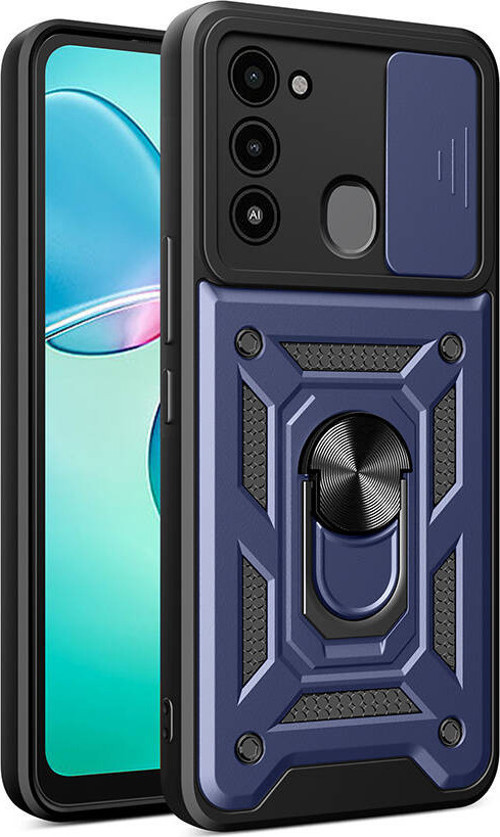 Tecno Spark 8C Kılıf Magnetik Standlı Kamera Korumalı MKST Sürgülü Vega Kapak - Mavi