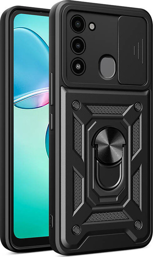 Tecno Spark 8C Kılıf Magnetik Standlı Kamera Korumalı MKST Sürgülü Vega Kapak - Siyah
