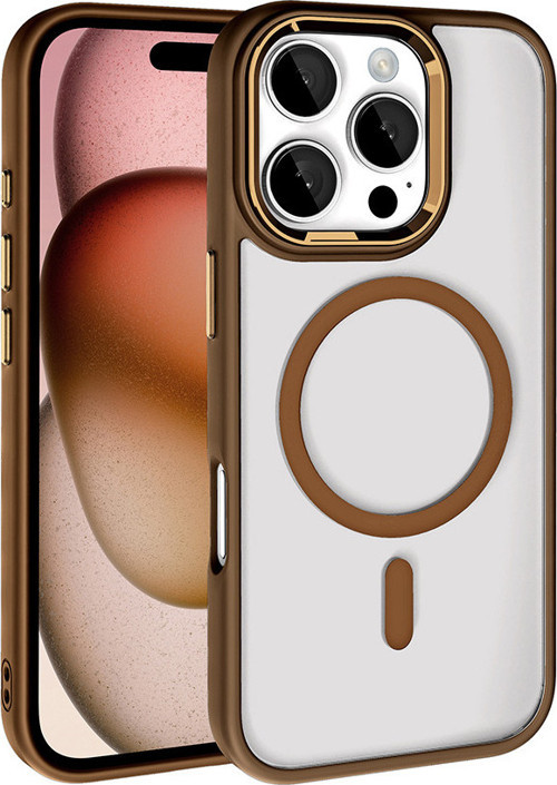iPhone 16 Pro Kılıf Wireless Şarj Özellikli MKST Krom Magsafe Silikon Kapak - Rose Brown