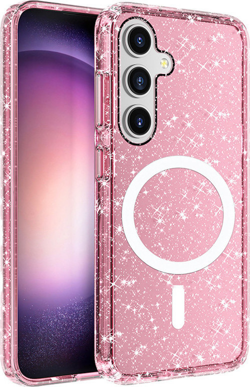 Galaxy S25 Plus Kılıf Magsafe Şarj Özellikli Parlayan Simli Saydam Renkli MKST Allstar Kapak - Pembe