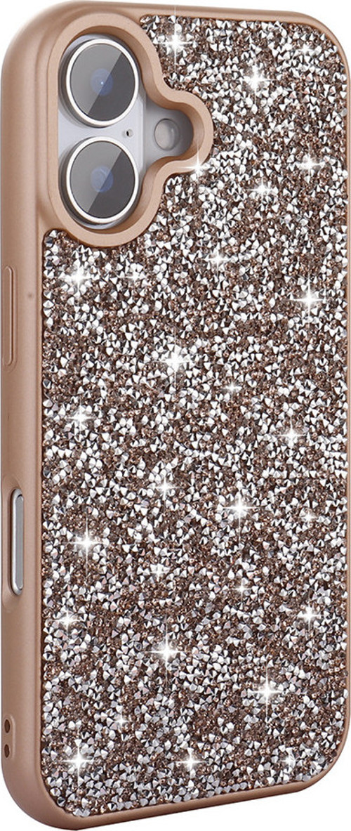 iPhone 16 Kılıf Parlak Taşlı Tasarım MKST Pırlanta Kapak - Gold