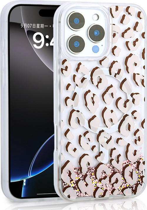 iPhone 16 Pro Kılıf Sıvılı Simli Baskılı Şeffaf Arka Yüzey MKST Mossa Silikon Kapak - Pembe