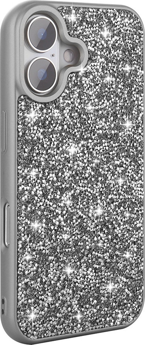 iPhone 16 Kılıf Parlak Taşlı Tasarım MKST Pırlanta Kapak - Gri