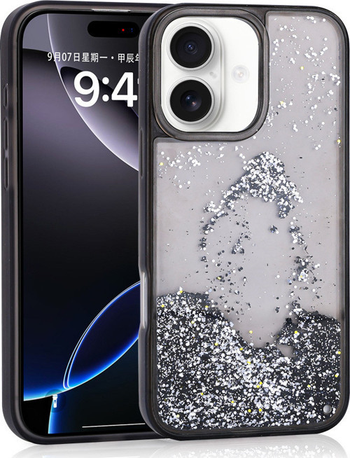 iPhone 16 Kılıf Sıvılı Simli Şeffaf Arka Yüzey MKST Keto Silikon Kapak - Siyah