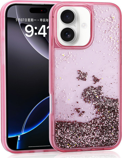iPhone 16 Kılıf Sıvılı Simli Şeffaf Arka Yüzey MKST Keto Silikon Kapak - Pembe