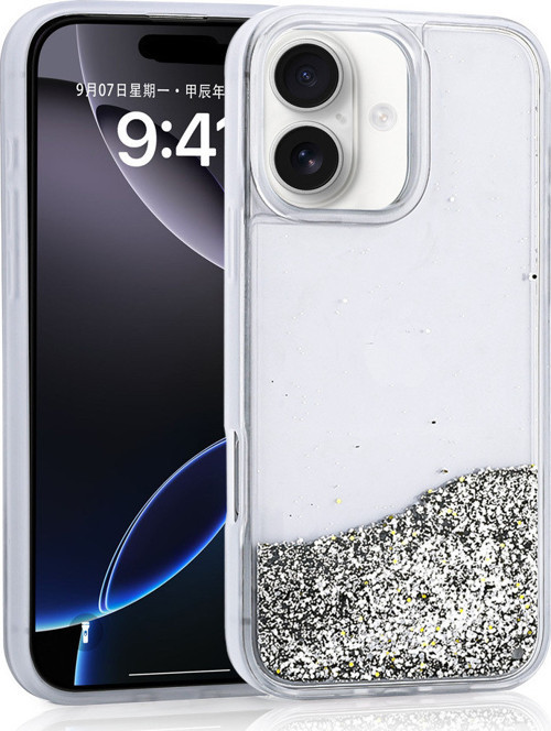 iPhone 16 Kılıf Sıvılı Simli Şeffaf Arka Yüzey MKST Keto Silikon Kapak - Gümüş