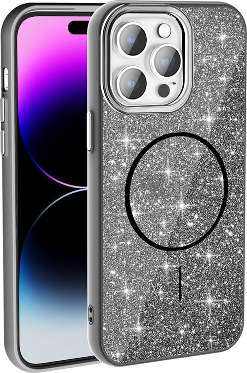 iPhone 14 Pro Max Kılıf Magsafe Şarj Özellikli Parlayan Simli MKST Okso Kapak - Siyah