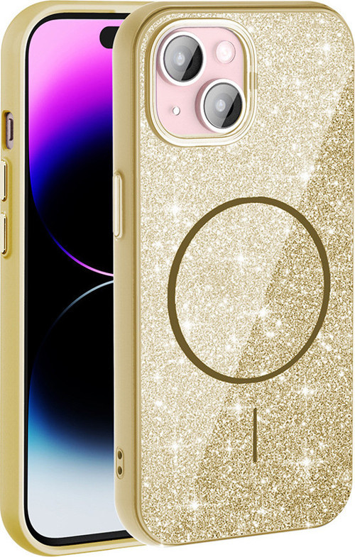 iPhone 15 Kılıf Magsafe Şarj Özellikli Parlayan Simli MKST Okso Kapak - Gold