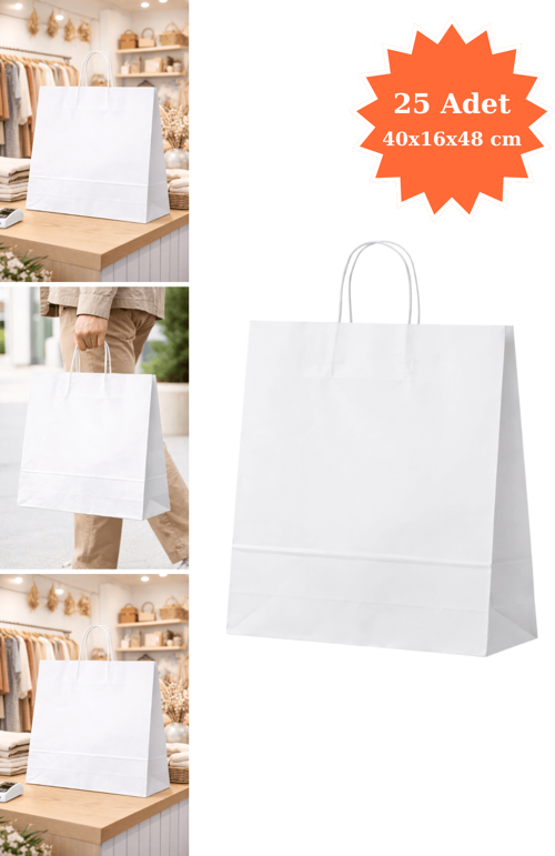 Burgu Saplı Kraft Çanta Beyaz Kağıt Poşet Butik Mağaza Hediye Tatlı Torbası 40x16x48 cm 25Li