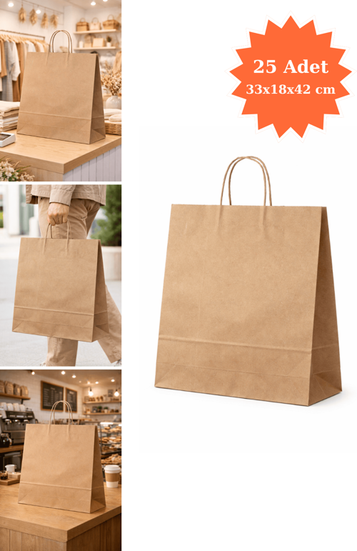 Burgu Saplı Kraft Çanta Kağıt Poşet Butik Mağaza Hediye Tatlı Torbası 33x18x42 cm 25Li