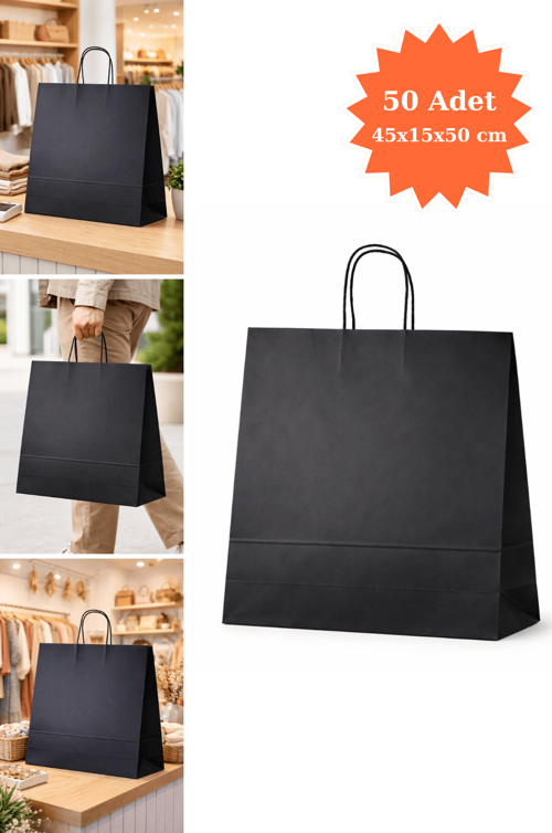Elit Burgu Saplı Kraft Çanta Siyah FSC Sertifikalı Kağıt Poşet Butik Hediye Torbası 45x15x50 cm 50Li