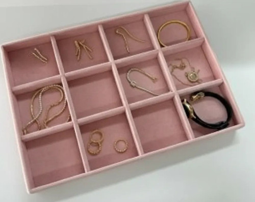 Mozambik Model Süet Kumaş Pembe Renk 34/24 cm 12 Bölmeli Takı Sergileme Çekmece Içi Standı