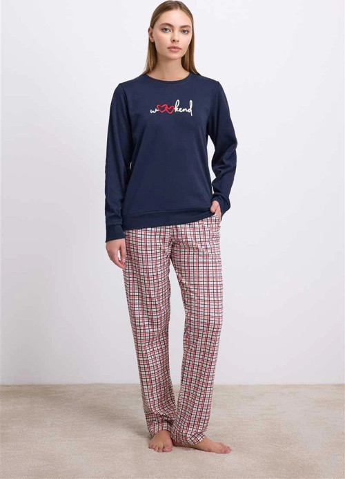 %100 Pamuklu Uzun Kol Sweatshirt Ve Ekose Pantolon Pijama Takımı