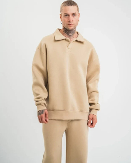 Erkek Patlı Yaka Üç İplik Pamuklu Sweatshirt Double Oversize Rahat Kalıp Günlük Kullanım –