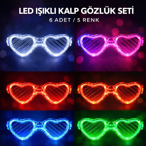 Büro Ev Ofis Parti Kostümü için 6ADET Renkli Gözlük Işıklı Kalp Led Gözlüğü Seti