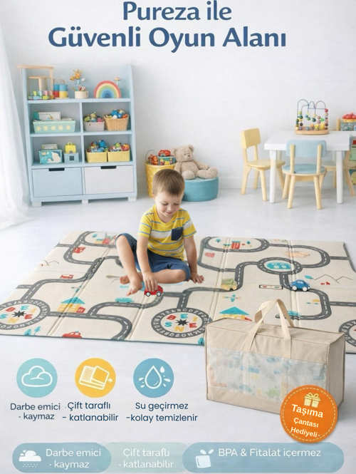 Çift Taraflı Katlanabilir Oyun Matı 200cmx130cmx1cm Kaymaz, Darbe Emici, Su Geçirmez, Bebek ve Çocuklar İçin |Taşıma Çantası Hediyeli (Yerli Üretim)