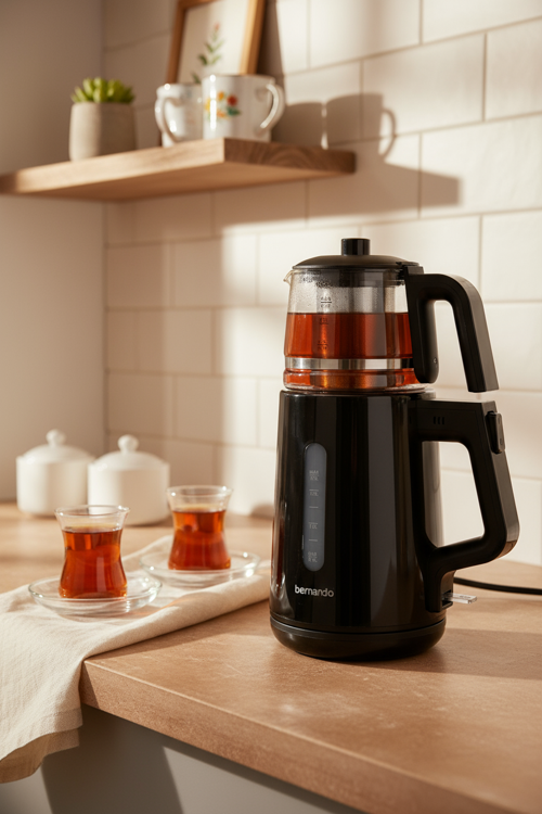 Venedik Cam Demlikli Çay Makinesi Siyah