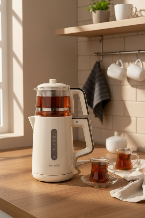 Venedik Cam Demlikli Çay Makinesi Krem