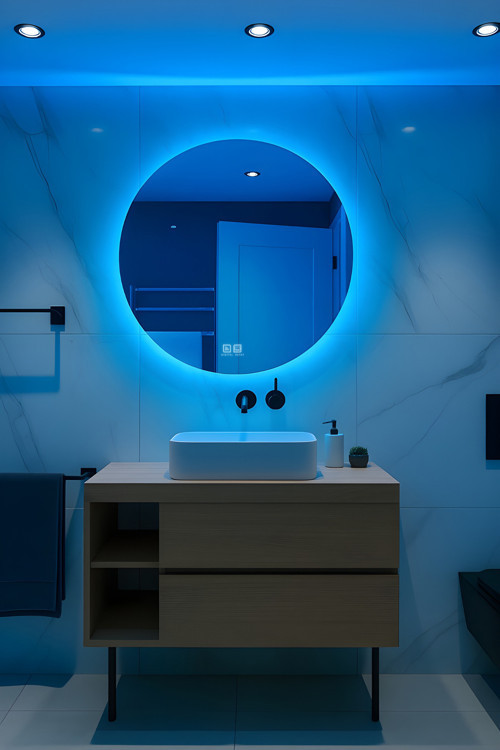 Buğu Çözücü Dokunmatik Dimli Yuvarlak Led Banyo Salon Antre Aynası Mavi Işık (50-60-70-80Cm)