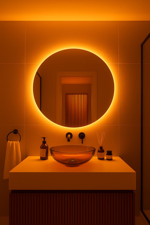 Yuvarlak Işıklı Banyo Ayna (50-80Cm). Renk Seçeneği: Koyu Sarı (Amber)