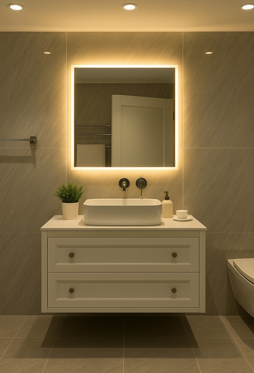 Kare Işıklı Banyo Ayna (50-80Cm). Renk Seçeneği: Gün Işığı (Açık Sarı)