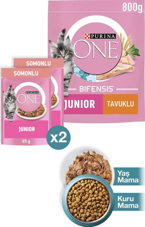 Junior Tavuk Yavru Kedi Maması 800g+Junior Somon Yaş Yavru Kedi Maması 2x85g