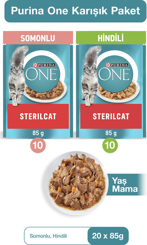 PURINA ONE Sterilcat Yaş Kısırlaştırılmış Kedi Maması 20'li Karma Paket (Somon 10x85g, Hindi 10x85g)