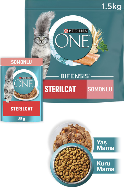 PURINA ONE Sterilcat Somon & Buğdaylı Kısır Kedi Maması 1.5kg + Somonlu Yaş Kısır Kedi Maması 85g