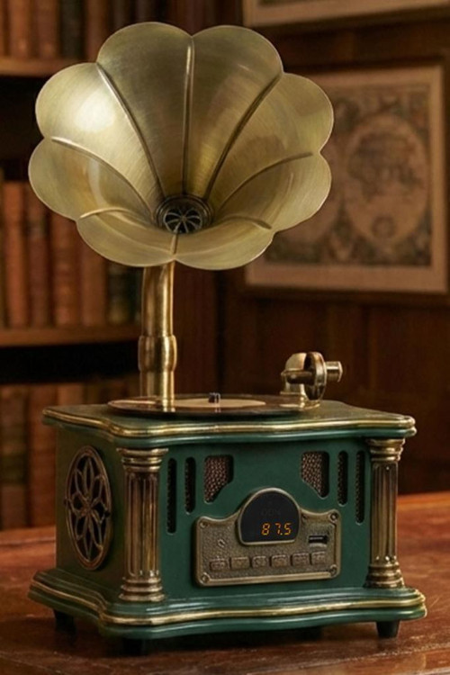 GR-26GRN FM Radyolu Nostaljik Gramofon Görünümlü Müzik Kutusu Bluetooth Hoparlör