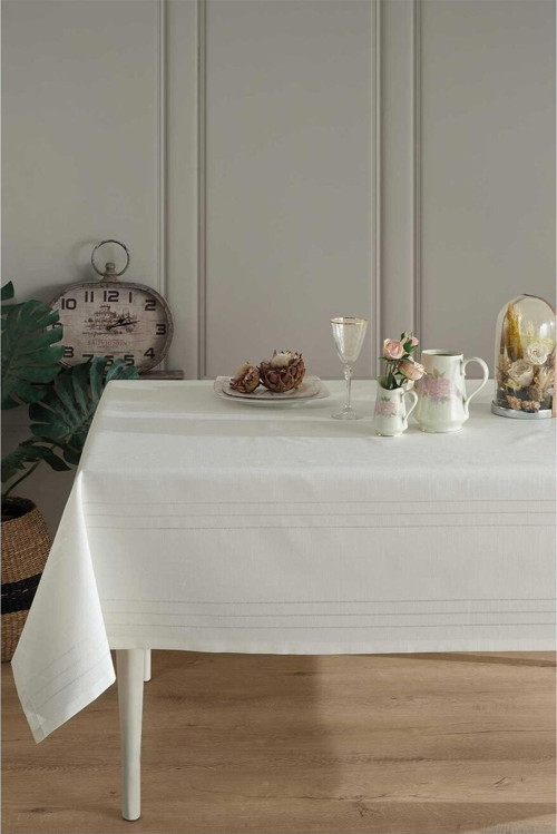 Polyester Kumaş Çizgili Masa Örtüsü 160*220 Cm Krem