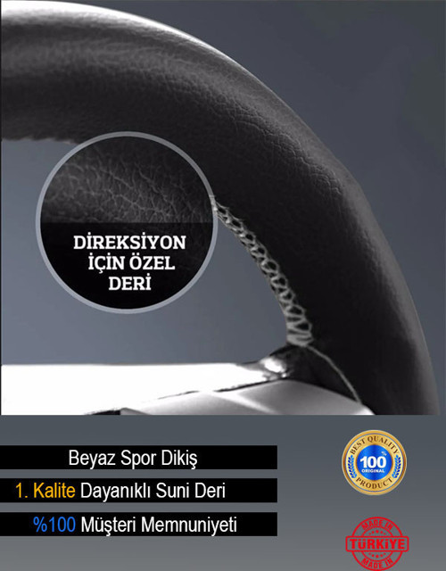 Peugeot Deri Direksiyon Kılıfı, Dikmeli Beyaz Spor Dikiş