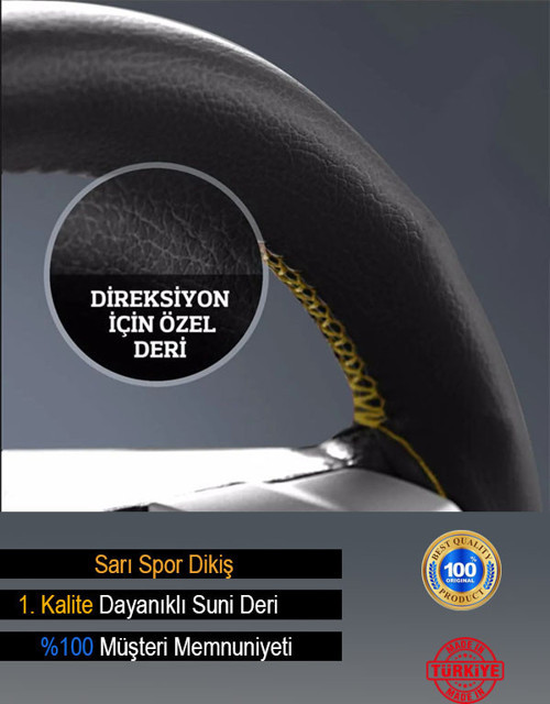 Opel Astra Deri Direksiyon Kılıfı Dikmeli Sarı Spor Dikiş