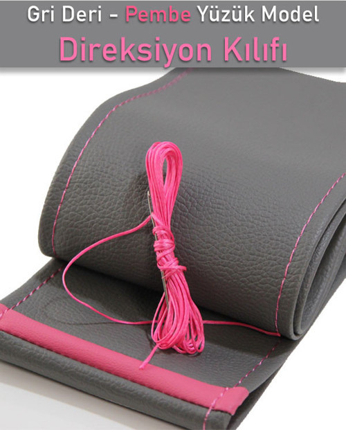 Renault Talısman Gri Deri Pembe Yüzüklü Dikişli Direksiyon Kılıfı