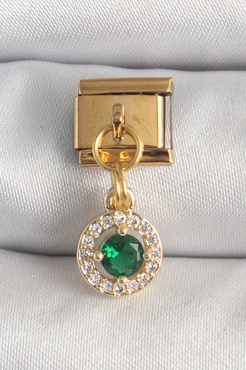 316L Çelik Gold Renk Sallantı Yeşil Zirkon Taşlı Nomination Charm - TJ-BC1344