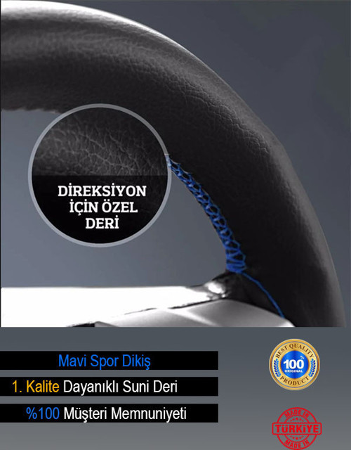 Opel Combo Deri Direksiyon Kılıfı, Dikmeli Mavi Spor Dikişli