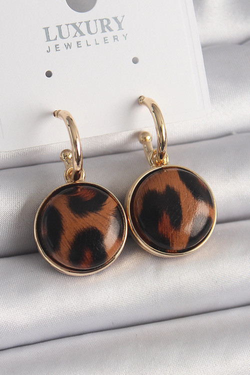 Pirinç Gold Renk Leopar Desenli Daire Model Kadın Küpe - TJ-BKP9877