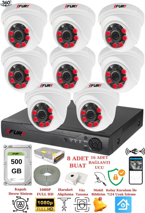 XFury 8 Kameralı 5mp 3.6mm Lens 2mp Görüntü 6 Atom Led Gece Görüşlü FullHd Güvenlik Kamerası 1412A 500GB