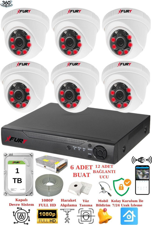 XFury 6 Kameralı 5mp 3.6mm Lens 2mp Görüntü 6 Atom Led Gece Görüşlü FullHd Güvenlik Kamerası 1412A 1TB
