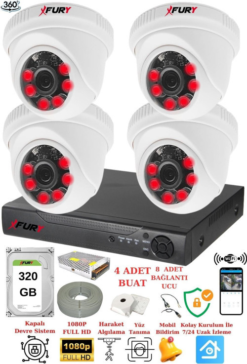XFury 4 Kameralı 5mp 3.6mm Lens 2mp Görüntü 6 Atom Led Gece Görüşlü FullHd Güvenlik Kamerası 1412A 320 GB