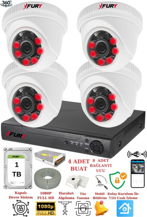 XFury 4 Kameralı 5mp 3.6mm Lens 2mp Görüntü 6 Atom Led Gece Görüşlü FullHd Güvenlik Kamerası 1412A 1TB