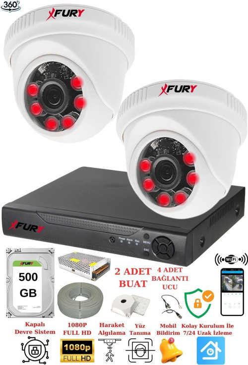 XFury 2 Kameralı 5mp 3.6mm Lens 2mp Görüntü 6 Atom Led Gece Görüşlü FullHd Güvenlik Kamerası 1412A 500GB