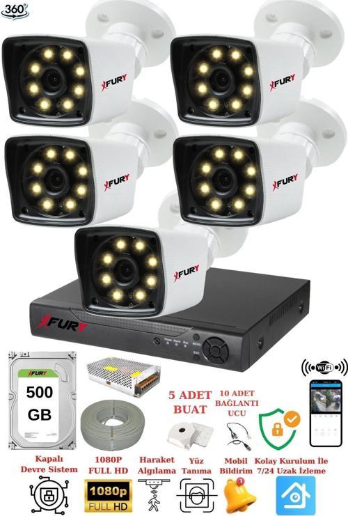 XFury 5 Kameralı 5mp Lens 1080p 2mp ColorGörüntü 8 Warm Led Gece Görüş FullHd Güvenlik Kamera 5525W 500GB